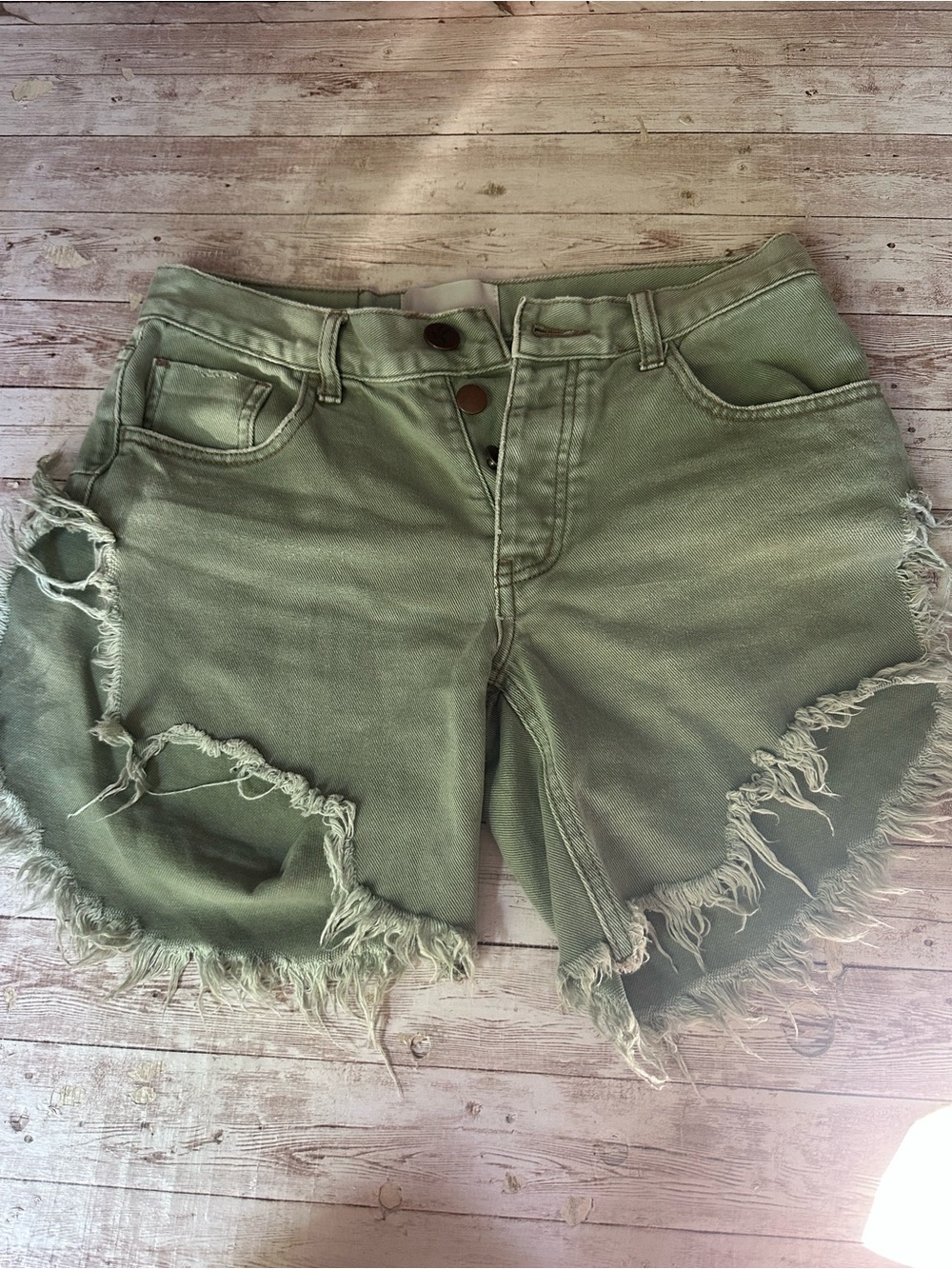 One Teaspoon Olive Green Distressed Denim Cutoff Shorts